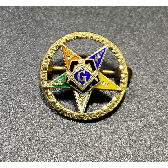 Eastern Star Patron Symbol Masonic 14k Lapel Pin Brooch Round Enamel 5/8 in - Picture 3 of 8